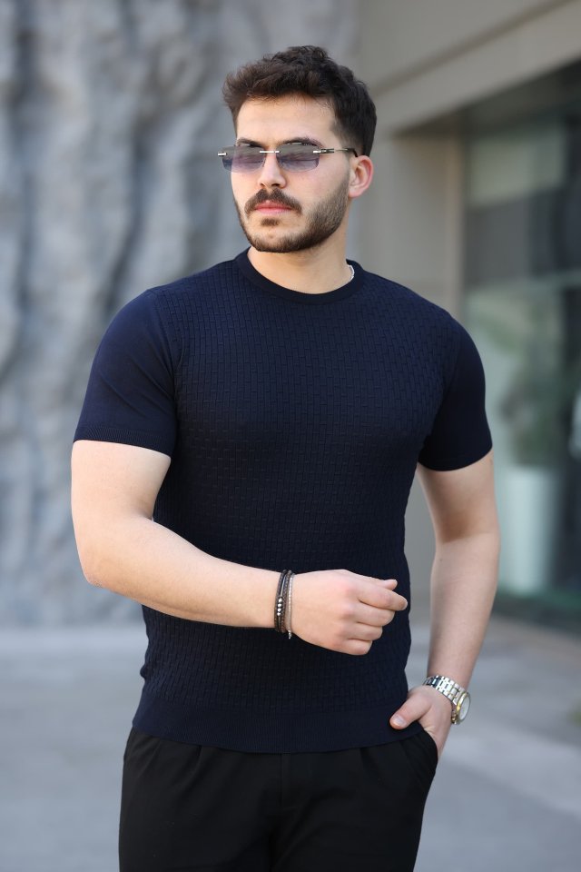 Erkek Viskon Kumaş Bisiklet Yaka Desenli Tişört