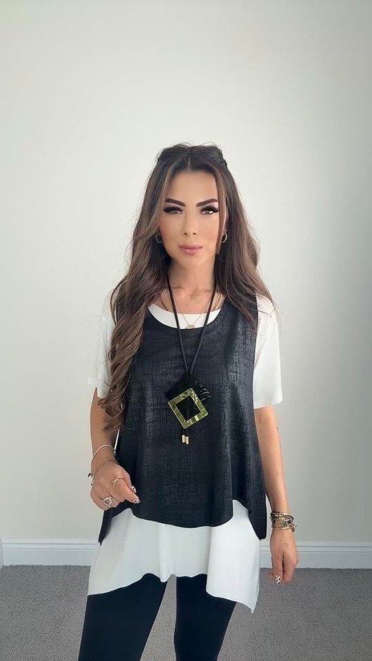 Kadın Kısa Kollu Bisiklet Yaka Yelek Bluz Asimetrik Kesim İkili Takım