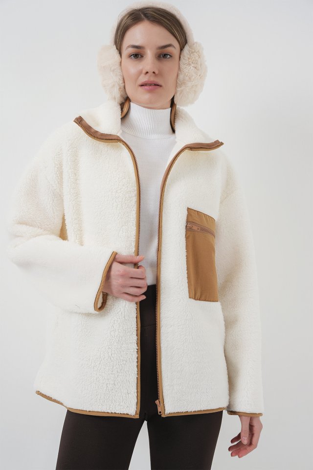 55446 Fermuarlı Oversize Peluş Ceket Mont - Camel