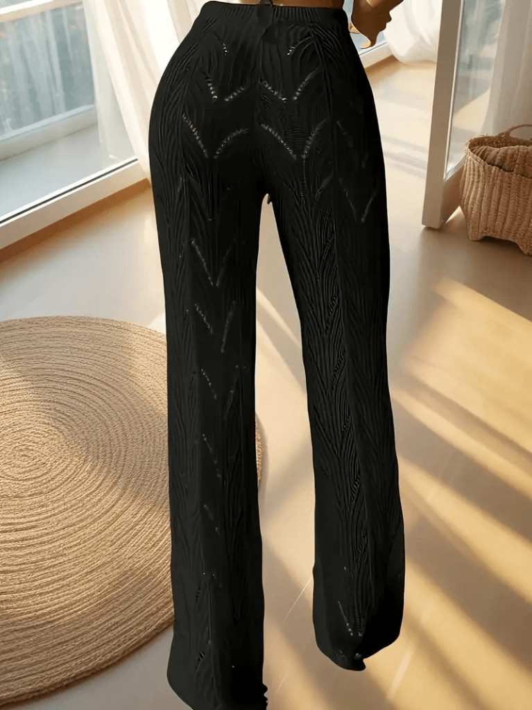 Kadın Yüksek Bel Bağcıklı Desenli Triko Plaj Pantolon