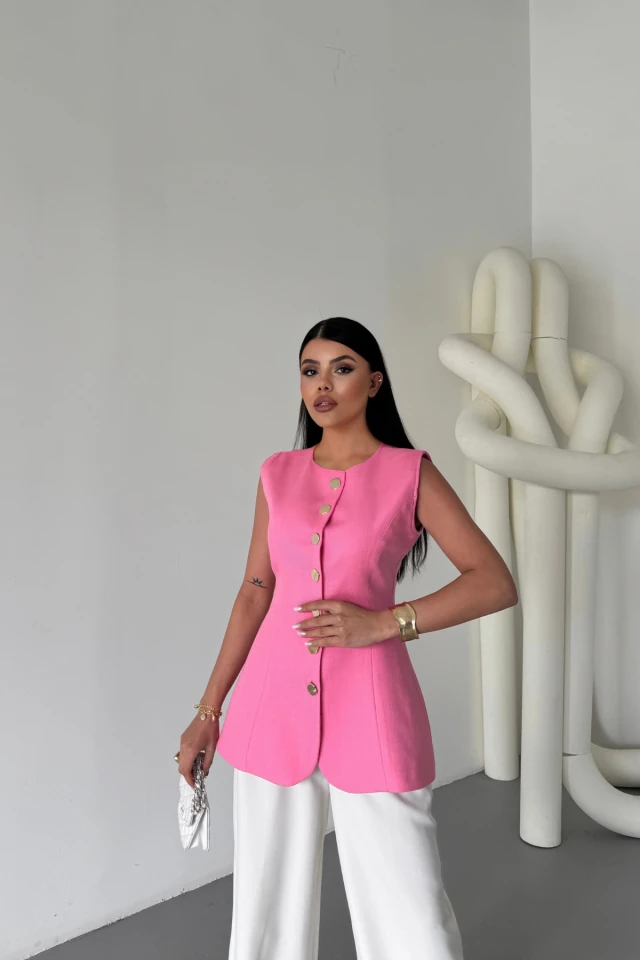 KETEN YELEK BELDEN OTURTMALISIRALI DÜĞME DETAYLI - Pembe