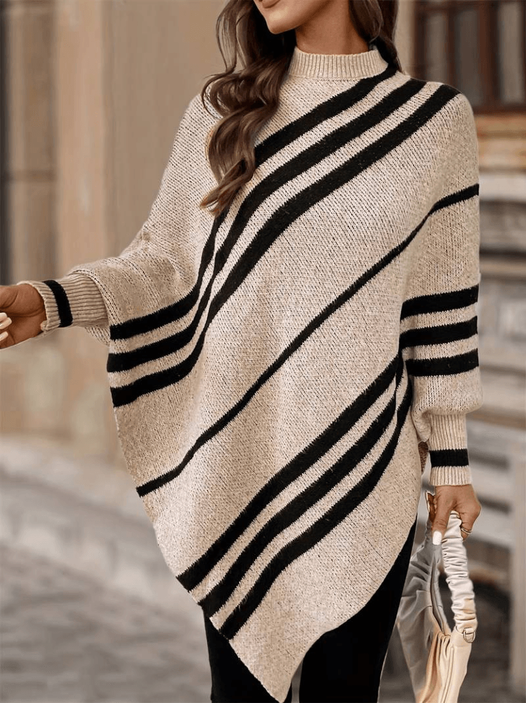 Kadın Uzun Yarasa Kollu Yüksek Boyunlu Asimetrik Kesim Triko Pelerin Kazak