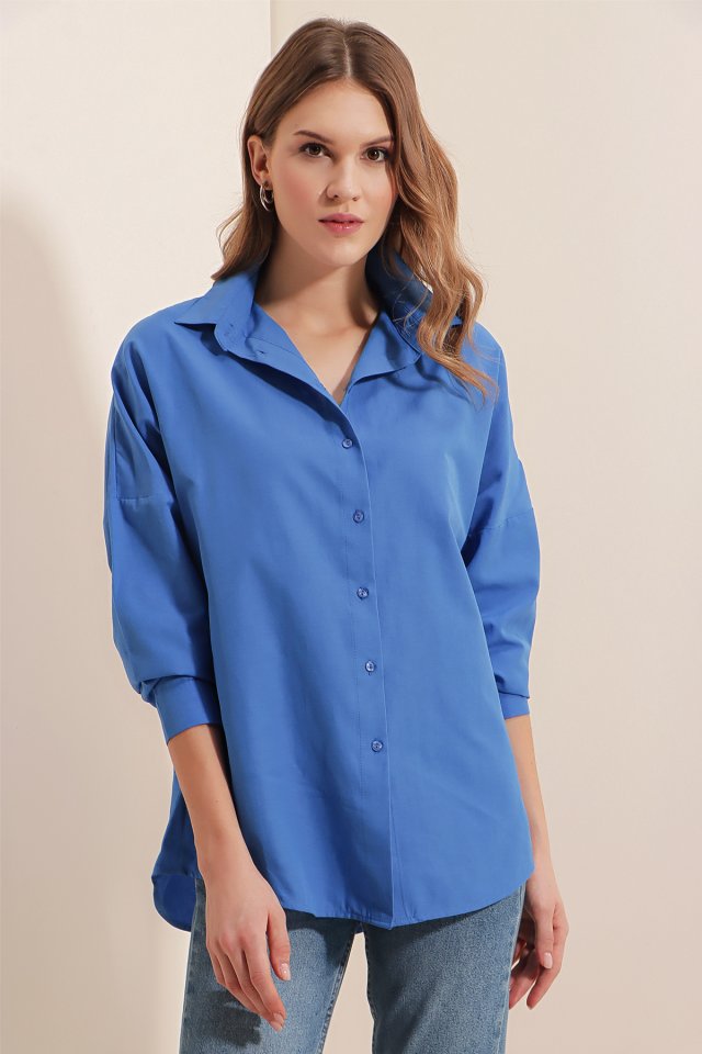3900 Oversize Uzun Basic Gömlek - B.Mavi