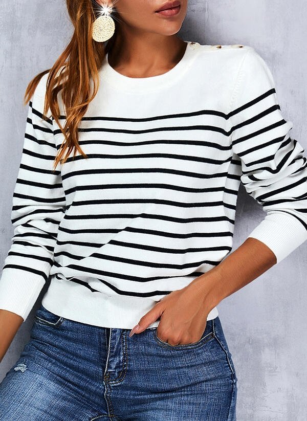 Kadın Uzun Kollu Omuzu Düğme Detay çizgili Triko Kazak