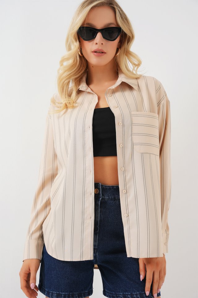 20143 Cepli Oversize Gömlek - Krem