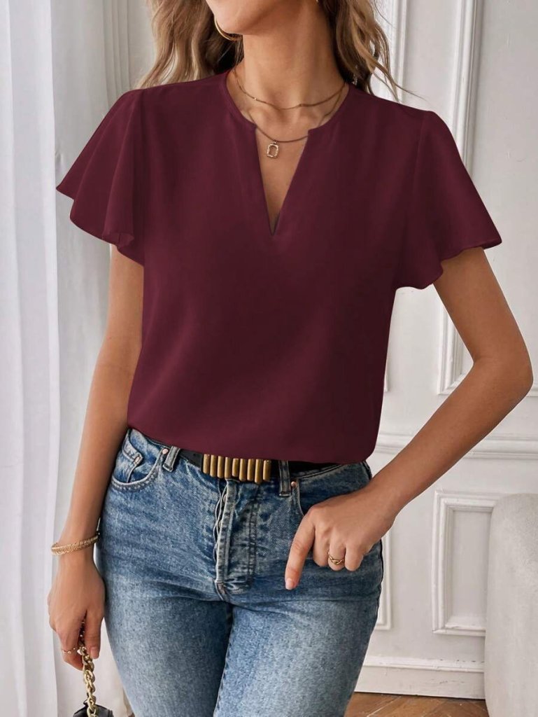 Kadın Kısa Kollu Kelebek Kollu V Yakalı Sandy Bluz