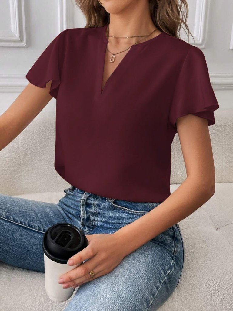 Kadın Kısa Kollu Kelebek Kollu V Yakalı Sandy Bluz