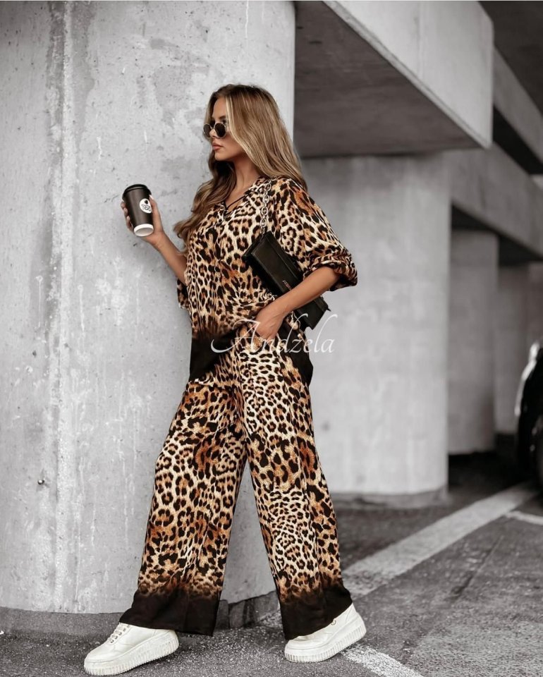 Kadın Dalgıç Kumaş Leopar Desenli Fermuar Detaylı Ikili Tamım