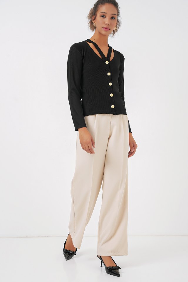 924 Düğmeli Basic Triko Hırka - Siyah