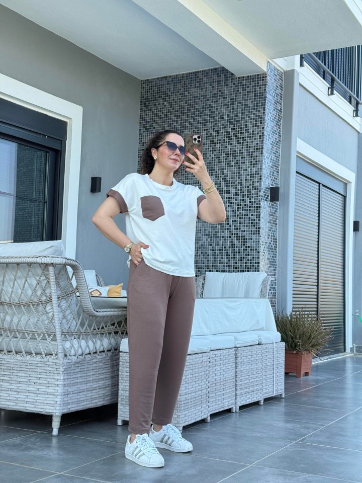 Kadın Kristal Kumaş Garnili Cep Detaylı Ikili Takım