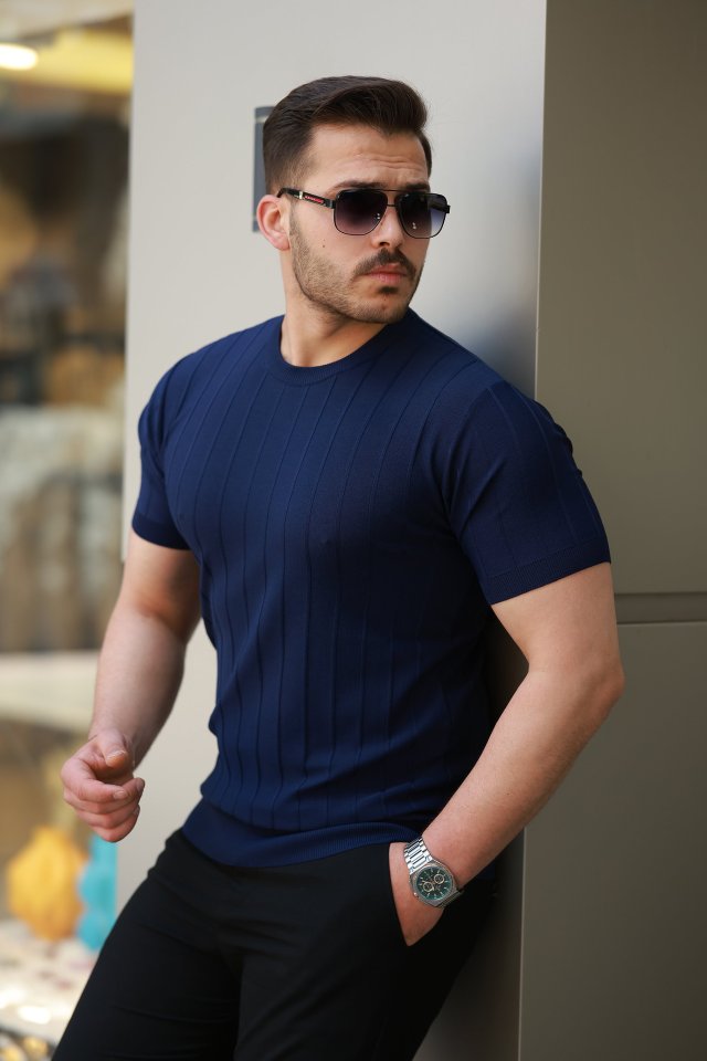 Erkek Kısa Kollu Bisiklet Yaka çizgili Triko Tişört