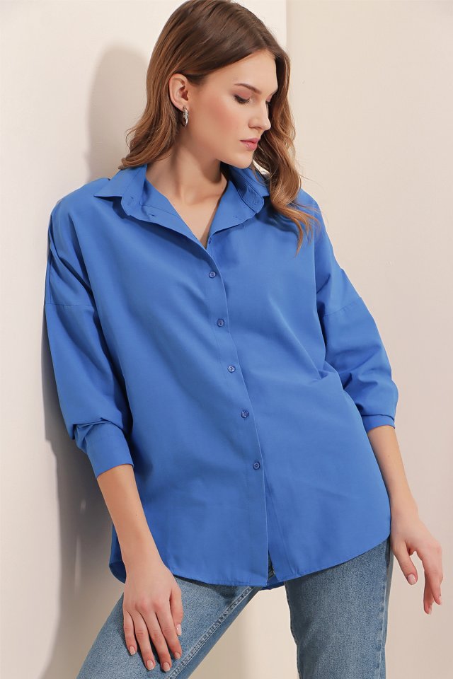 3900 Oversize Uzun Basic Gömlek - B.Mavi