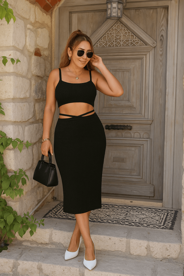 Kadın Askılı Crop Bel Detaylı Derin Yırtmaçlı Etek Triko Ikili Takım