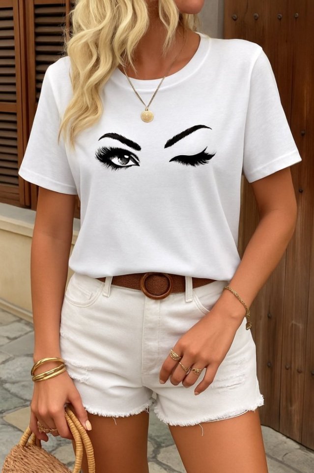 Kadın Kısa Kollu Bisiklet Yaka Göz Baskılı Süprem T-shirt