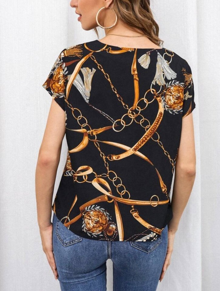 Kadın Moskrep Kumaş çentik Yaka Zincir Desen Baskılı Bluz