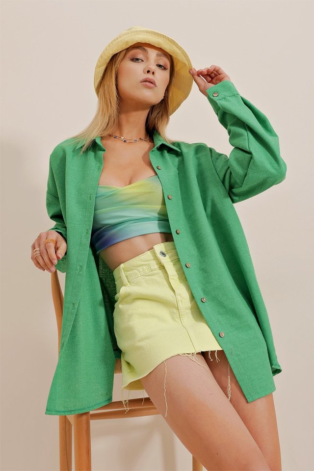 Kadın Keten Kumaş Oversize Gömlek