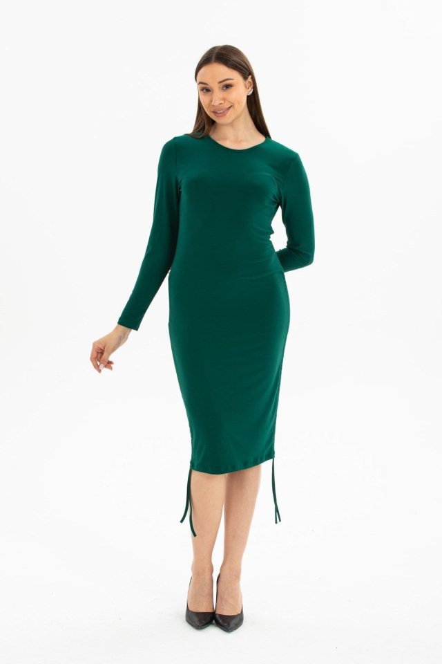 Kadın Uzun Kol Büzgü Detaylı Sandy Kumaş Ayarlanabilir Boy Fırsat Ürün Elbise