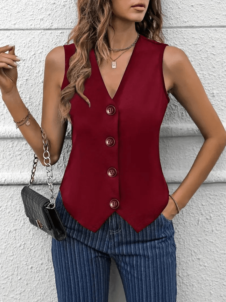 Kadın Sıfır Kollu V Yakalı önden Düğmeli Atlas Yelek