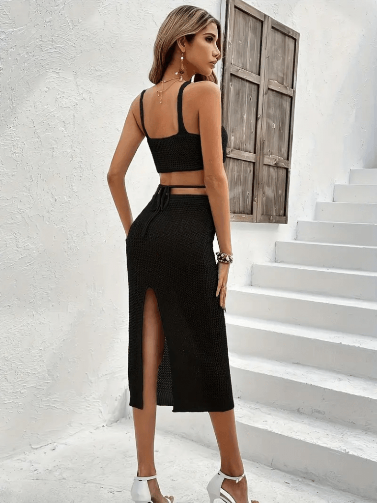 Kadın Askılı Crop Bel Detaylı Derin Yırtmaçlı Etek Triko Ikili Takım