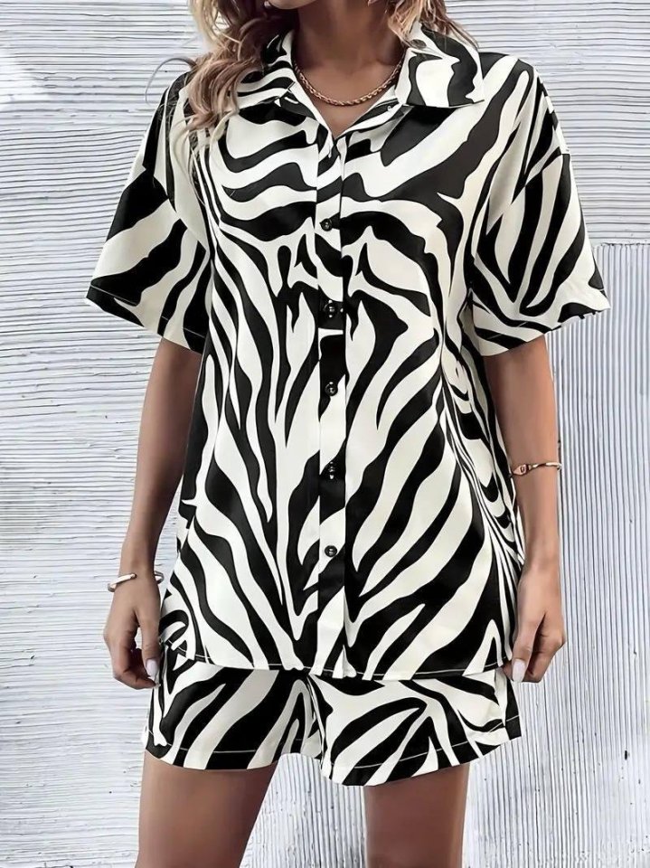 Kadın Zebra Desenli Pamuk-Polyester Kumaş İkili Takım