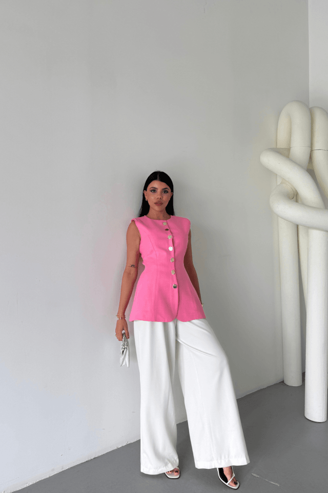 KETEN YELEK BELDEN OTURTMALISIRALI DÜĞME DETAYLI - Pembe