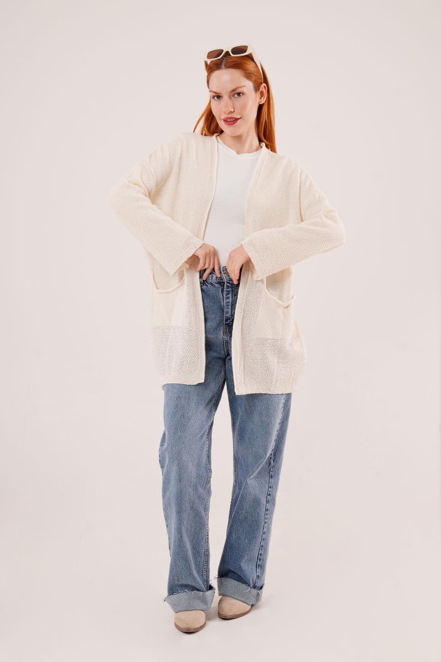 Cepli Salaş Model Triko Uzun Krem Hırka