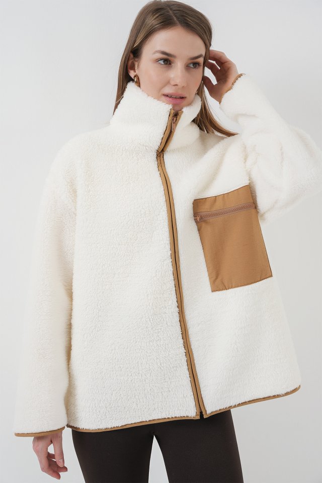55446 Fermuarlı Oversize Peluş Ceket Mont - Camel