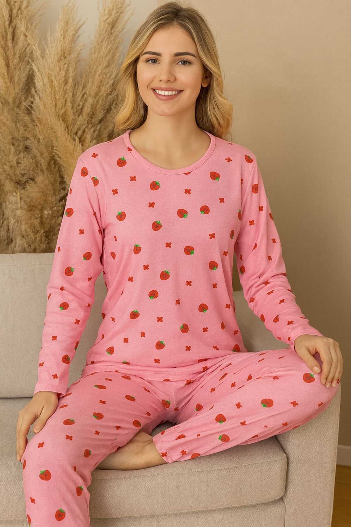 KADIN PİJAMA TAKIMI DESENLİ PEMBE (ÇİLEK)