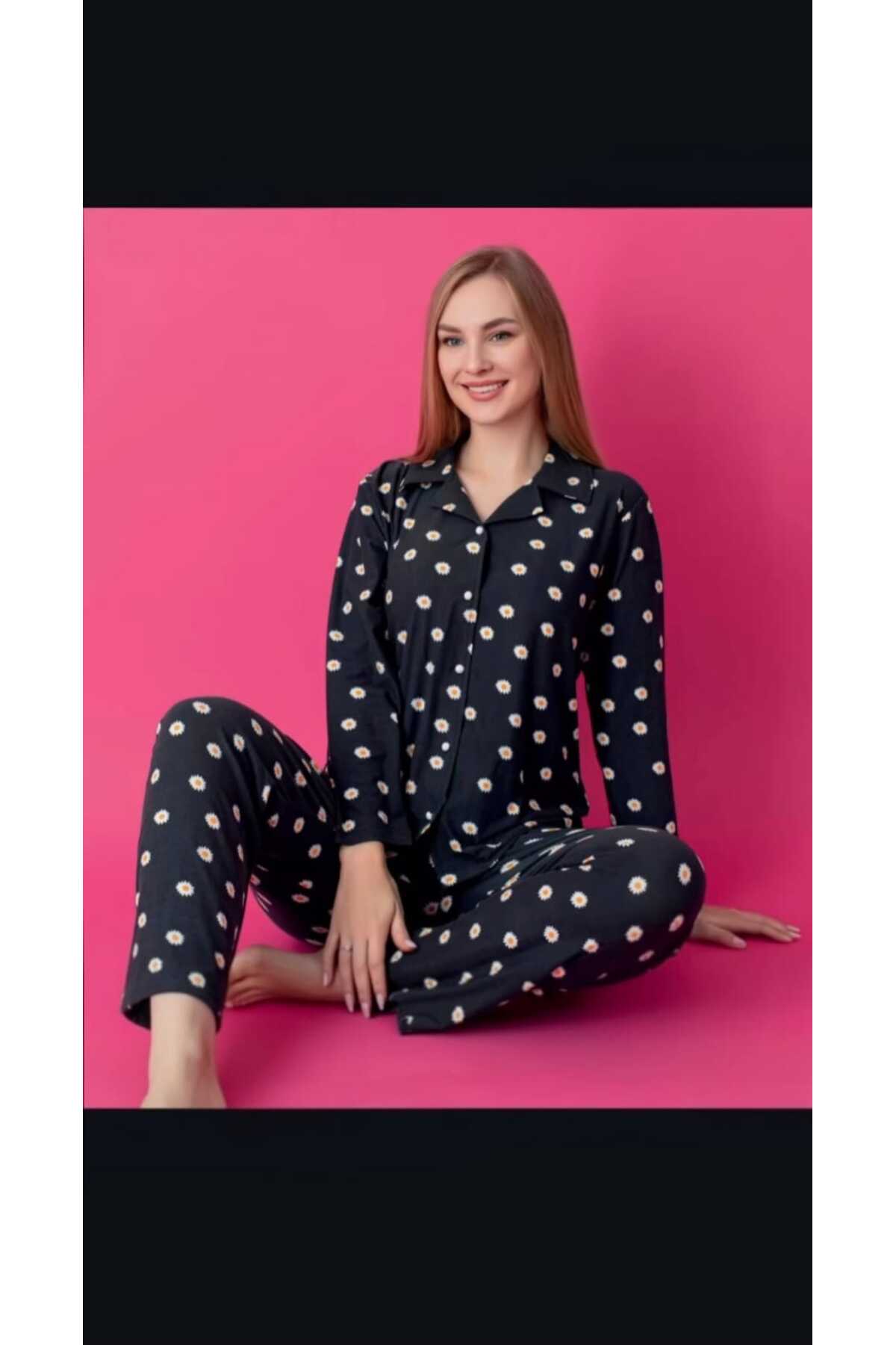 KADIN PİJAMA LACİVERT PAPATYA DESENLİ