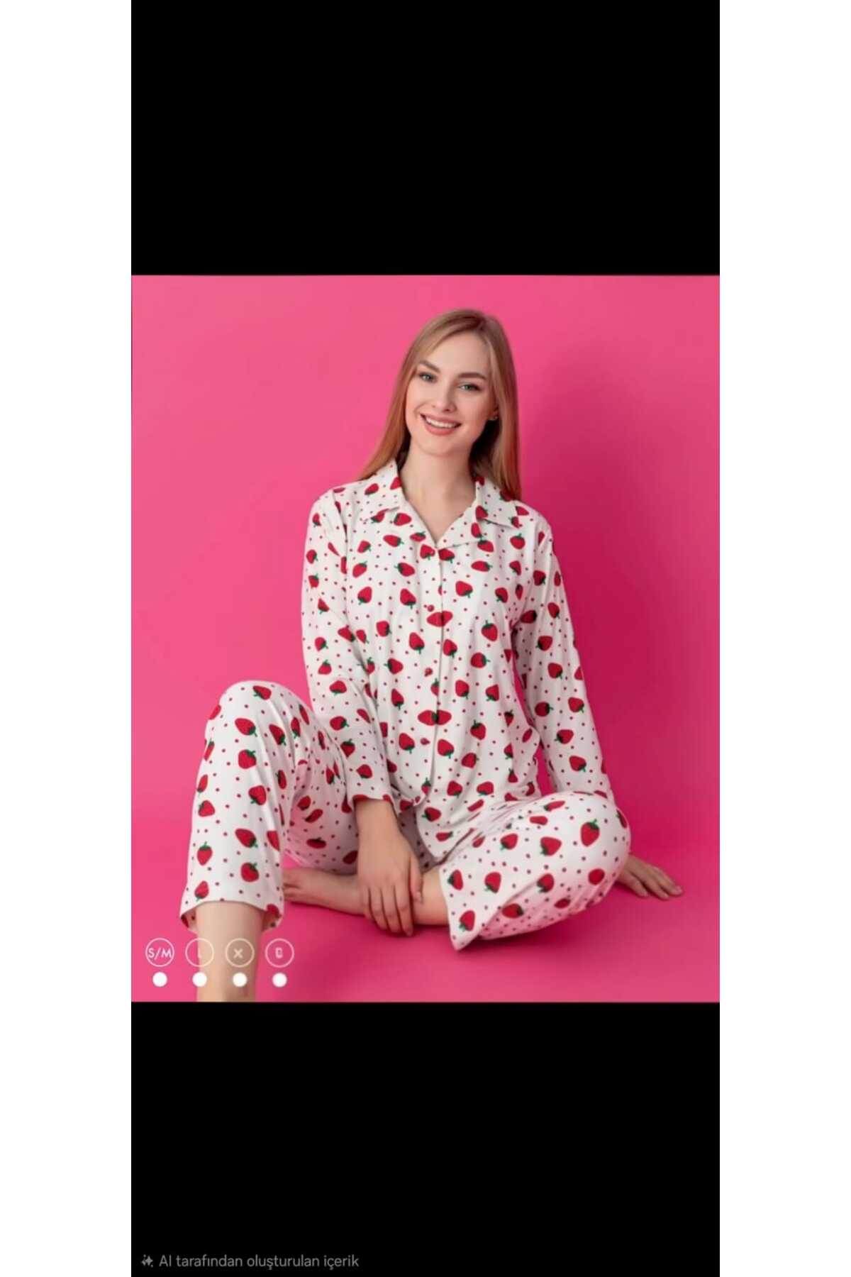 KADIN PİJAMA TAKIMI BEYAZ ÇİLEK DESENLİ