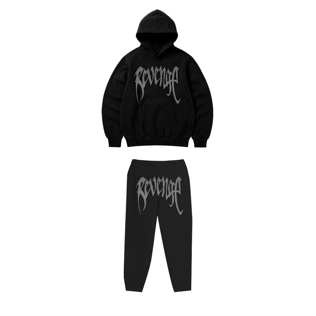 Rhinestone "Revenge" Hoodie Takım | Black White