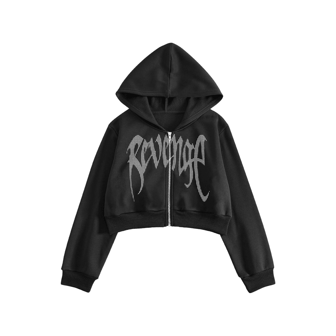 Rhinestone "Revenge" Crop Hoodie | Black White