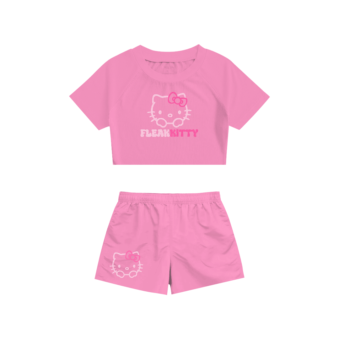 Rhinestone "Fleakkitty" Crop Short Takım | Sugar Pink