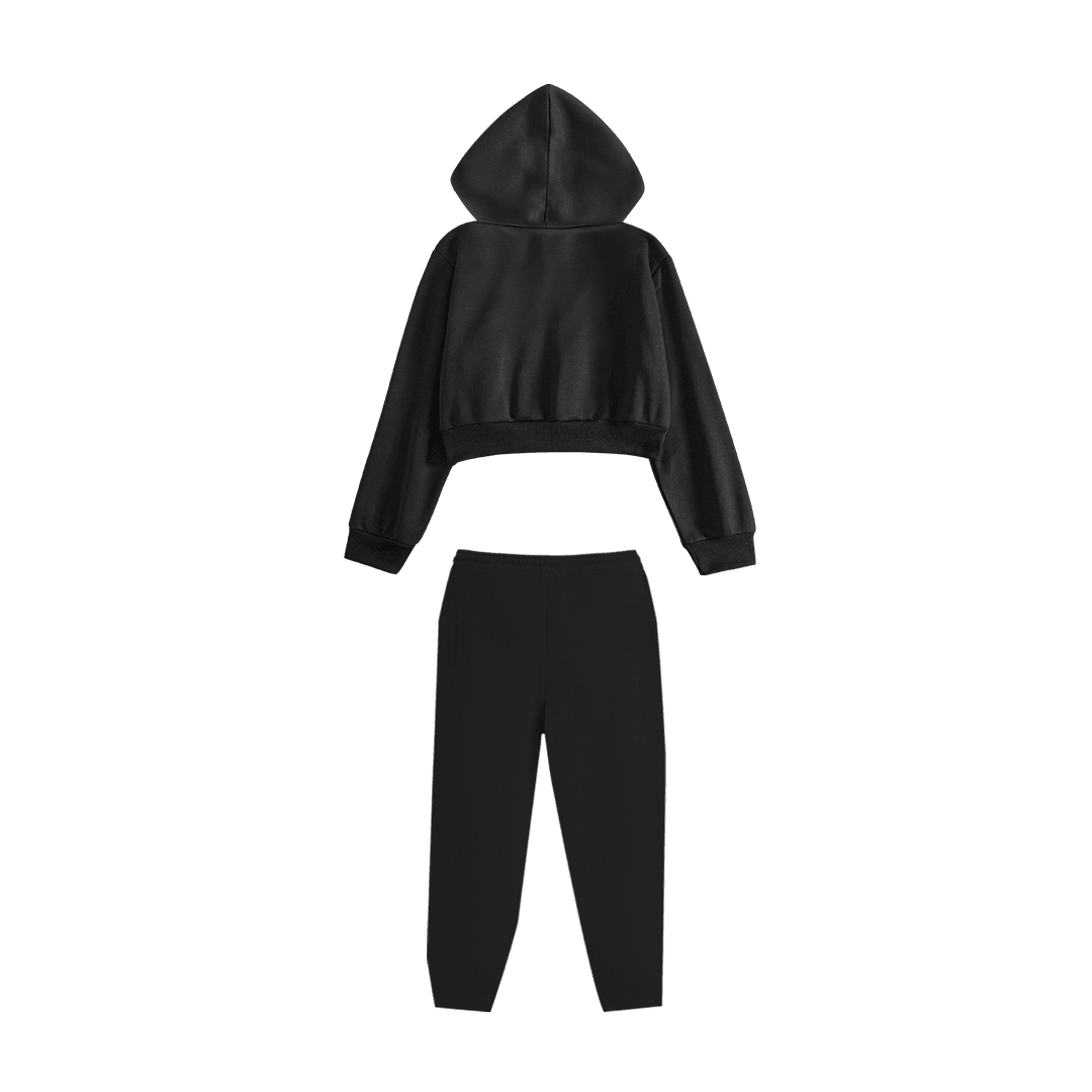Rhinestone "Revenge" Crop Hoodie Takım | Black Red