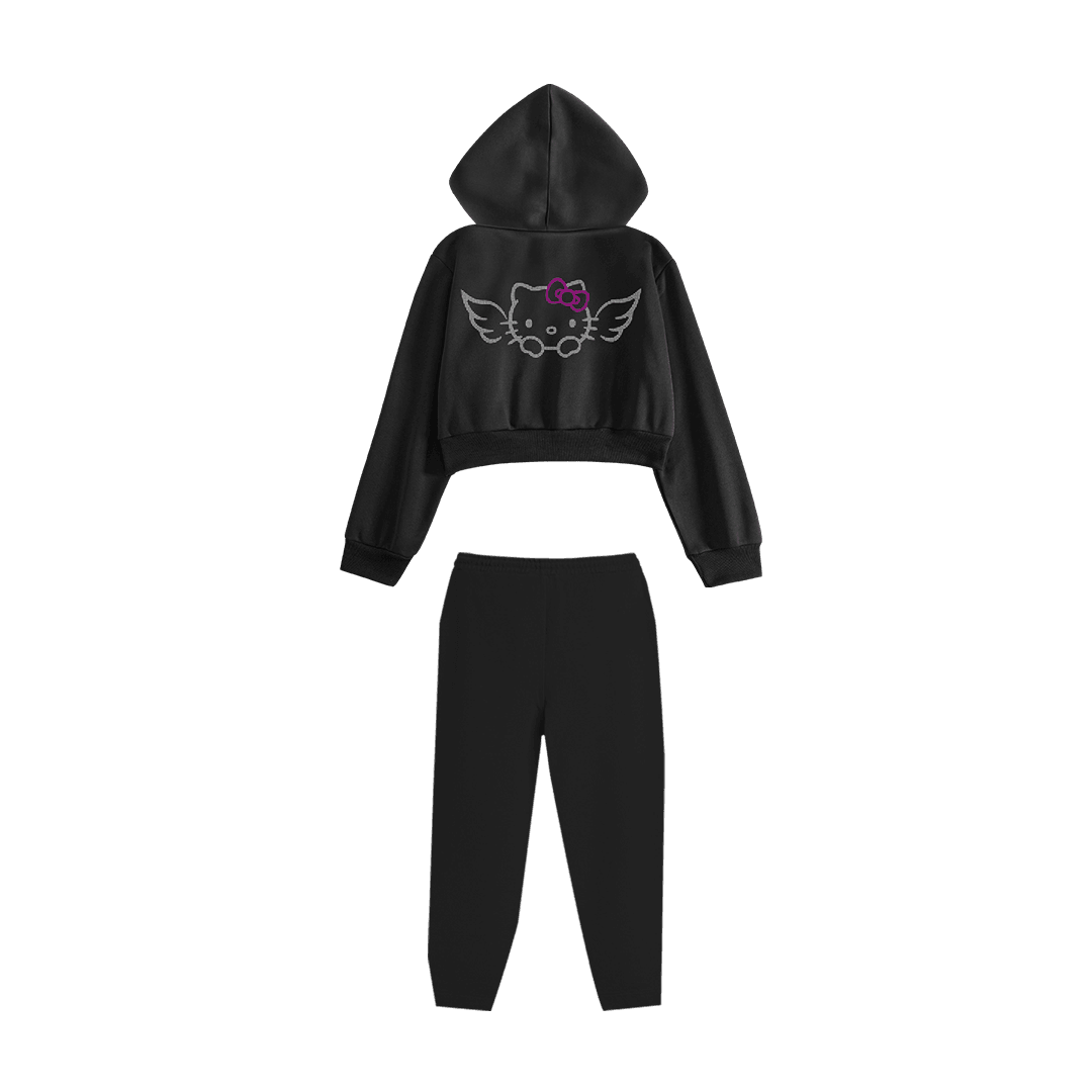 Rhinestone "Fleakkity" Crop Hoodie Takım | Black
