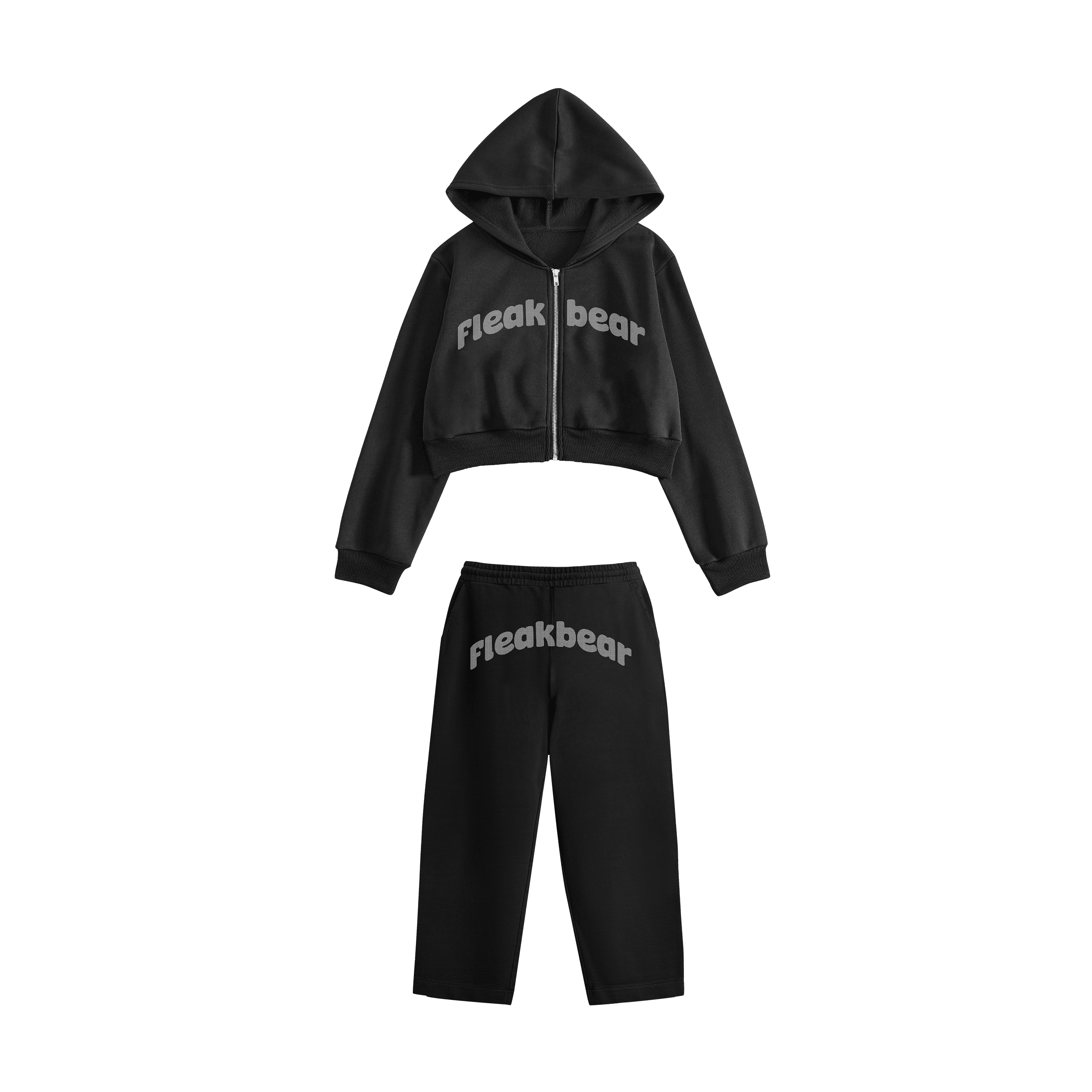Rhinestone "Fleakbear" Crop Hoodie Takım | Black