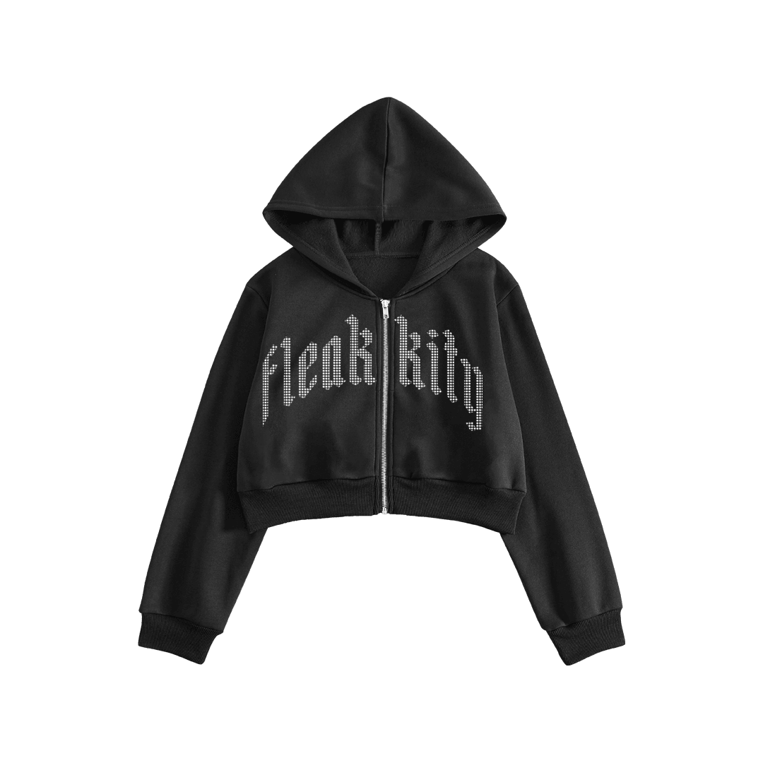 Rhinestone "Fleakkity" Crop Hoodie Takım | Black