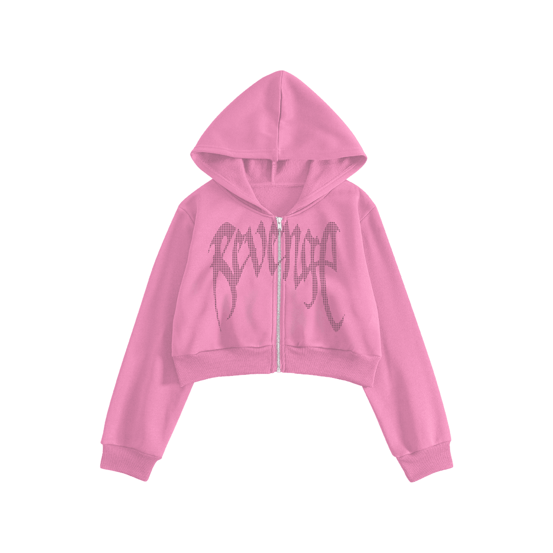 Rhinestone "Revenge" Crop Hoodie Takım | Sugar Pink V2