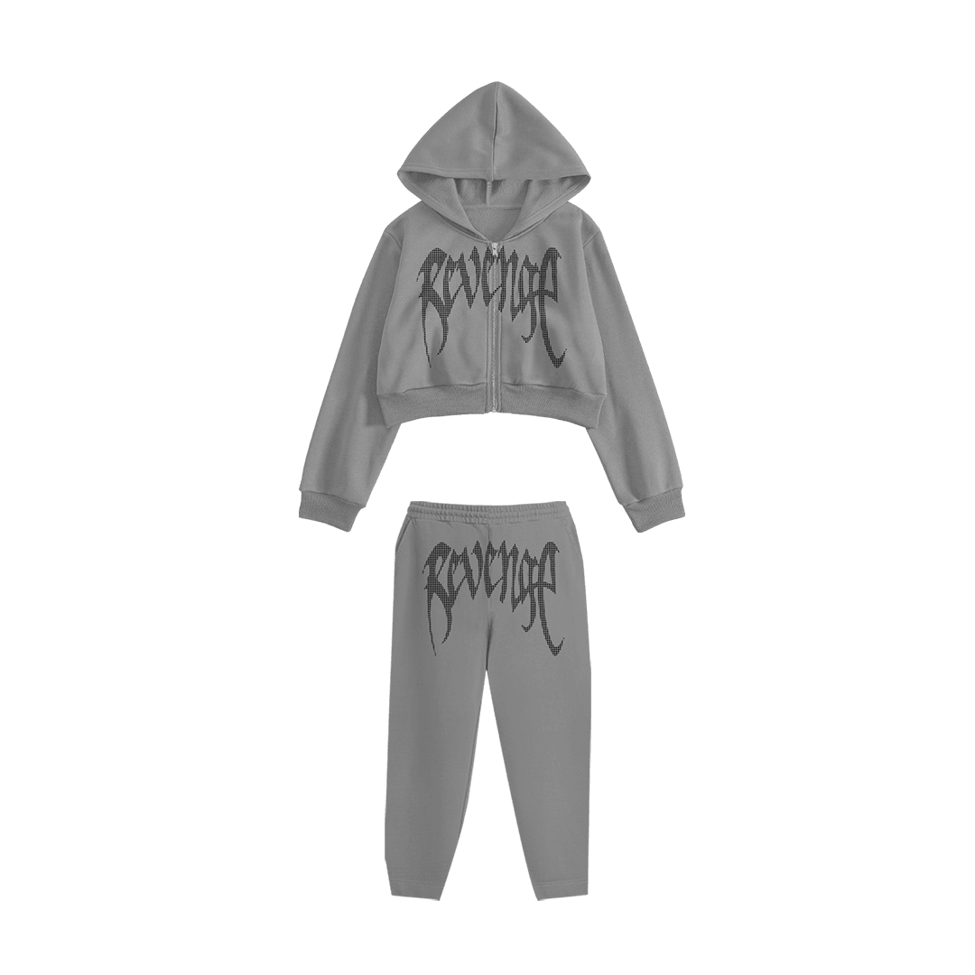 Rhinestone "Revenge" Crop Hoodie Takım | Grey