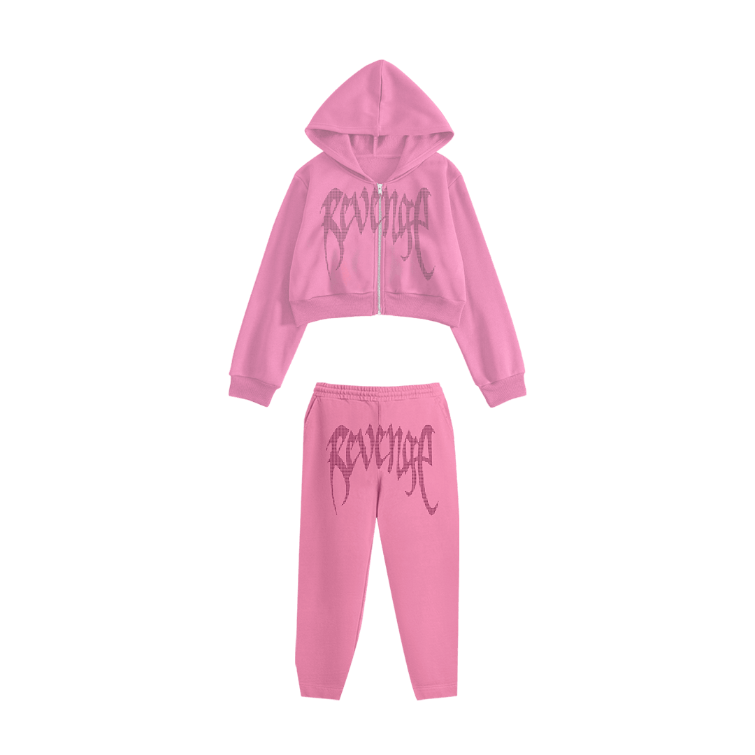 Rhinestone "Revenge" Crop Hoodie Takım | Sugar Pink V2