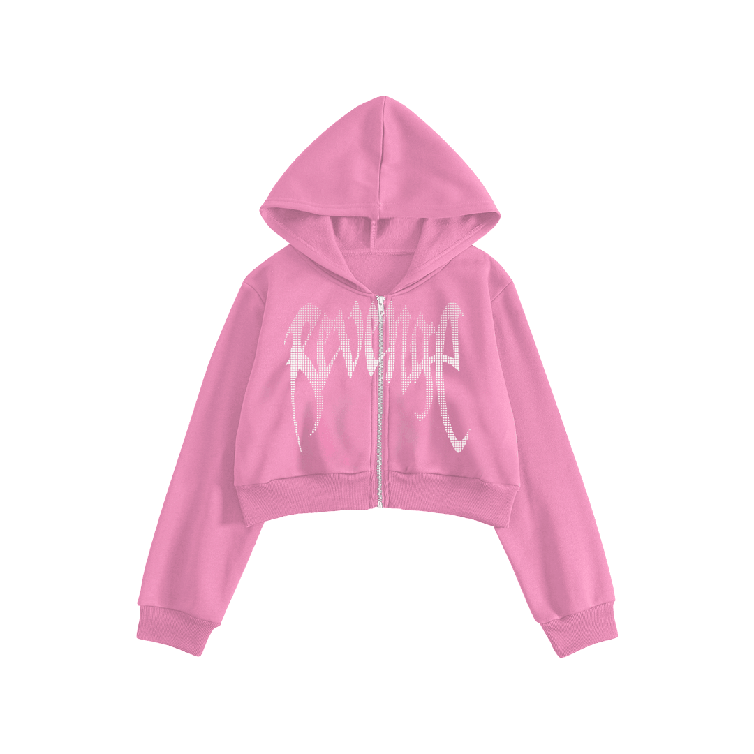 Rhinestone "Revenge" Crop Hoodie Takım | Sugar Pink