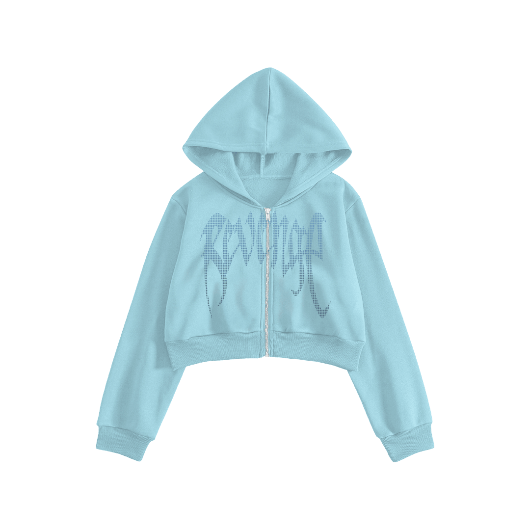 Rhinestone "Revenge" Crop Hoodie Takım | Sugar Blue V2