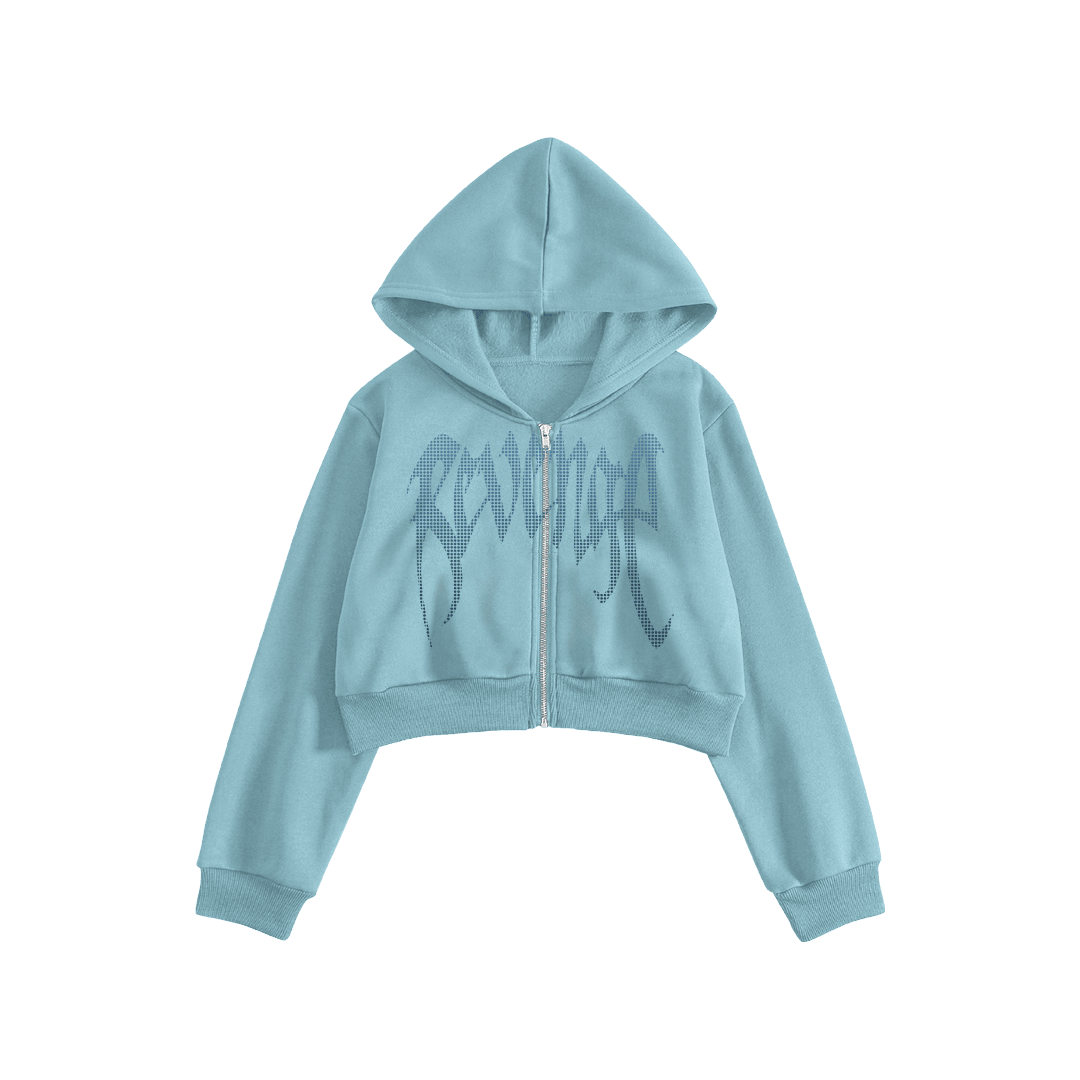 Rhinestone "Revenge" Crop Hoodie | Sugar Blue V2