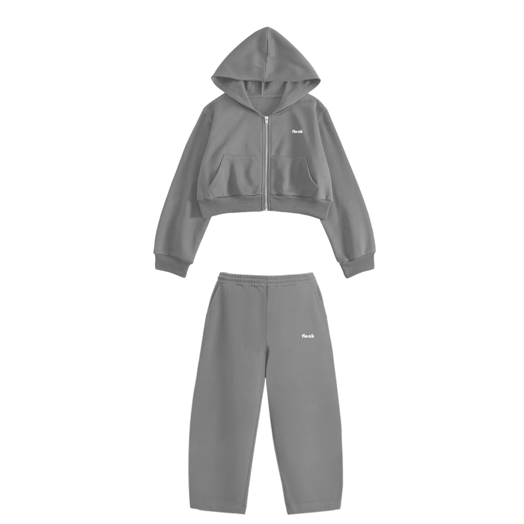 FleakBasic Oversize Crop Hoodie Takım | Gri