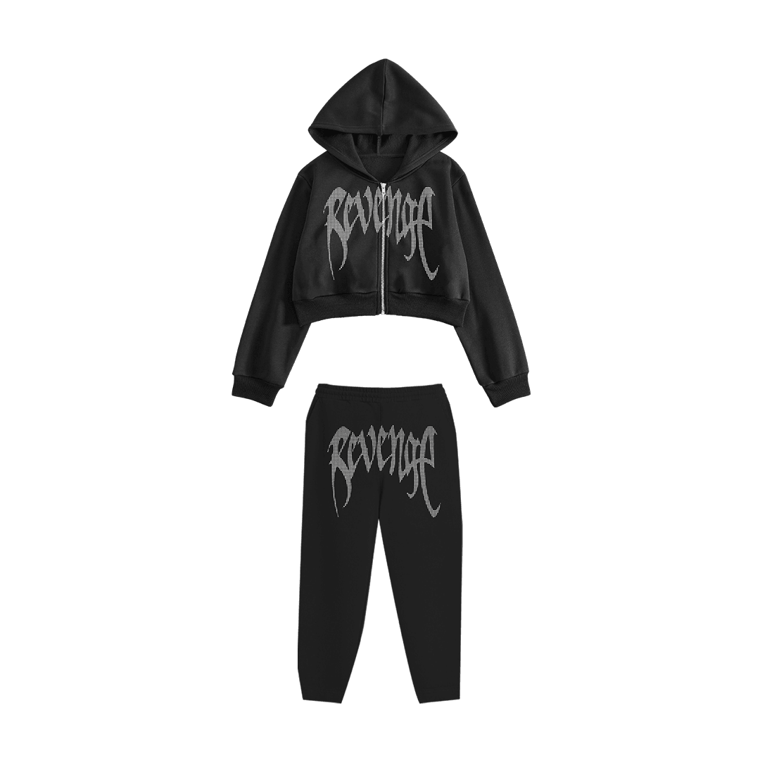 Rhinestone "Revenge" Crop Hoodie Takım | Black White