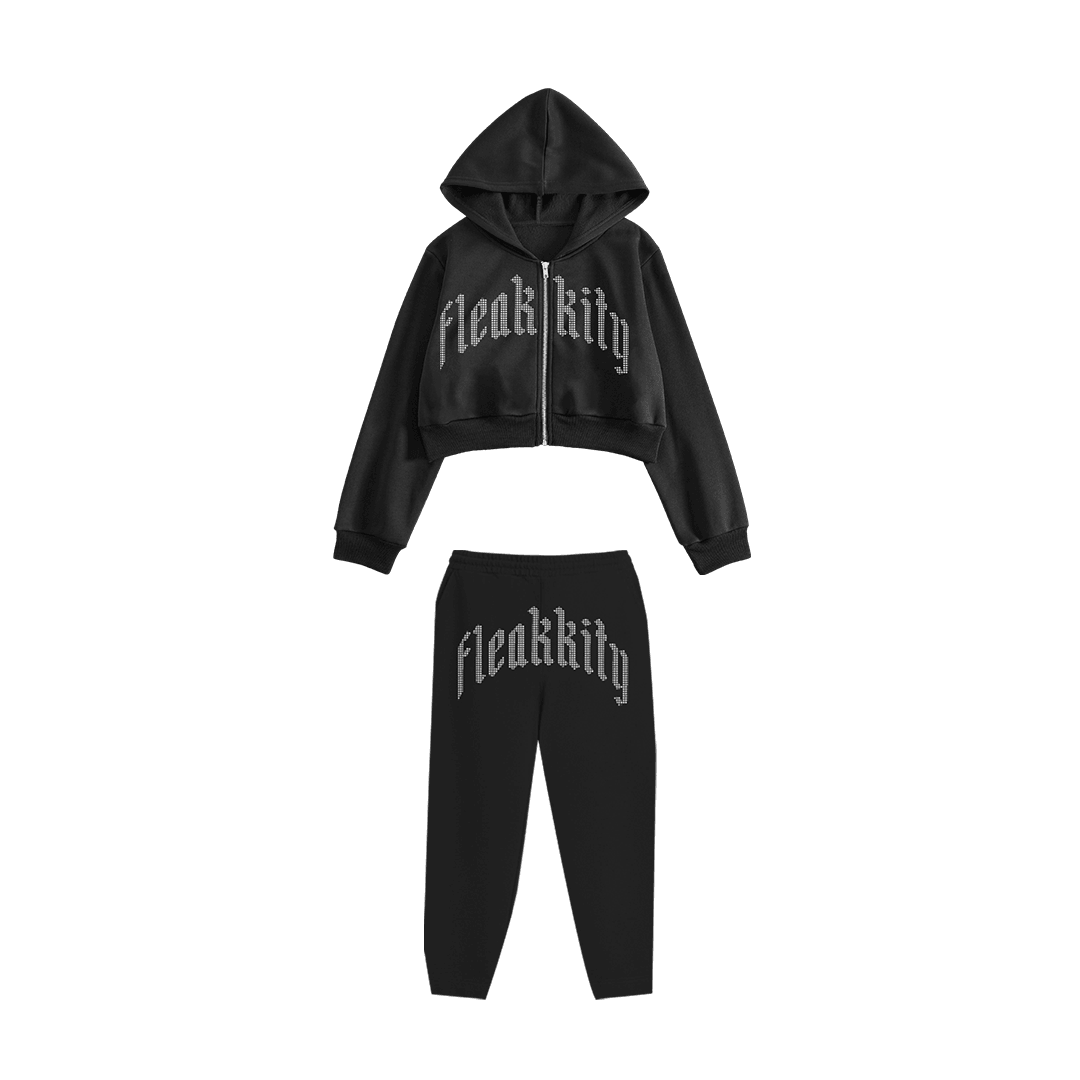 Rhinestone "Fleakkity" Crop Hoodie Takım | Black