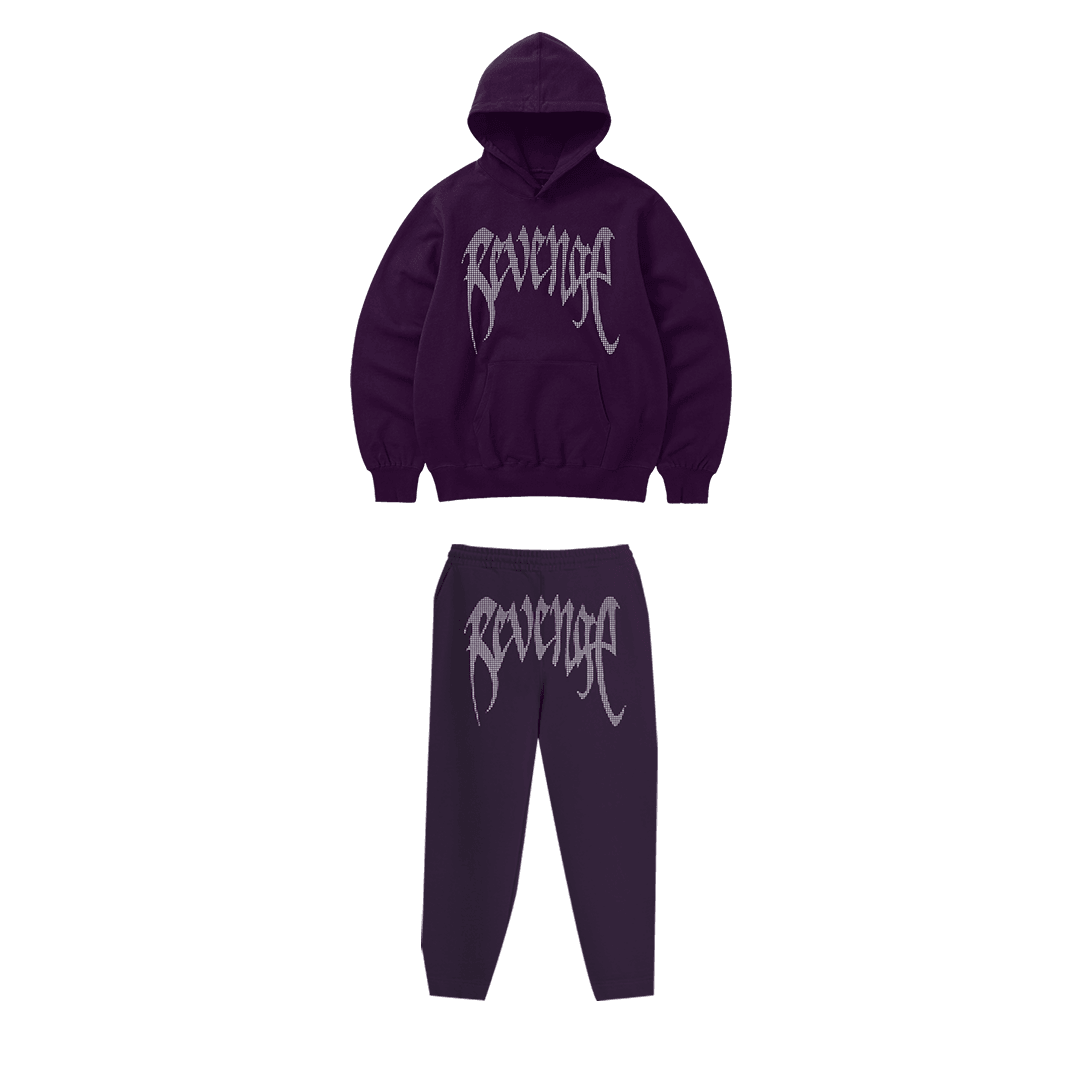 Rhinestone "Revenge" Hoodie Takım | Dark Purple