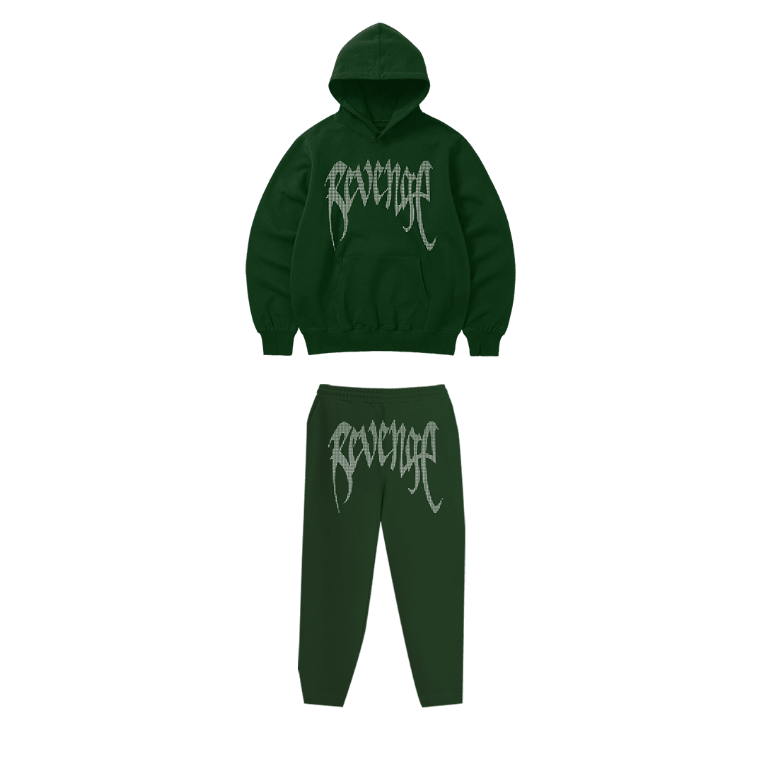 Rhinestone "Revenge" Hoodie Takım | Green