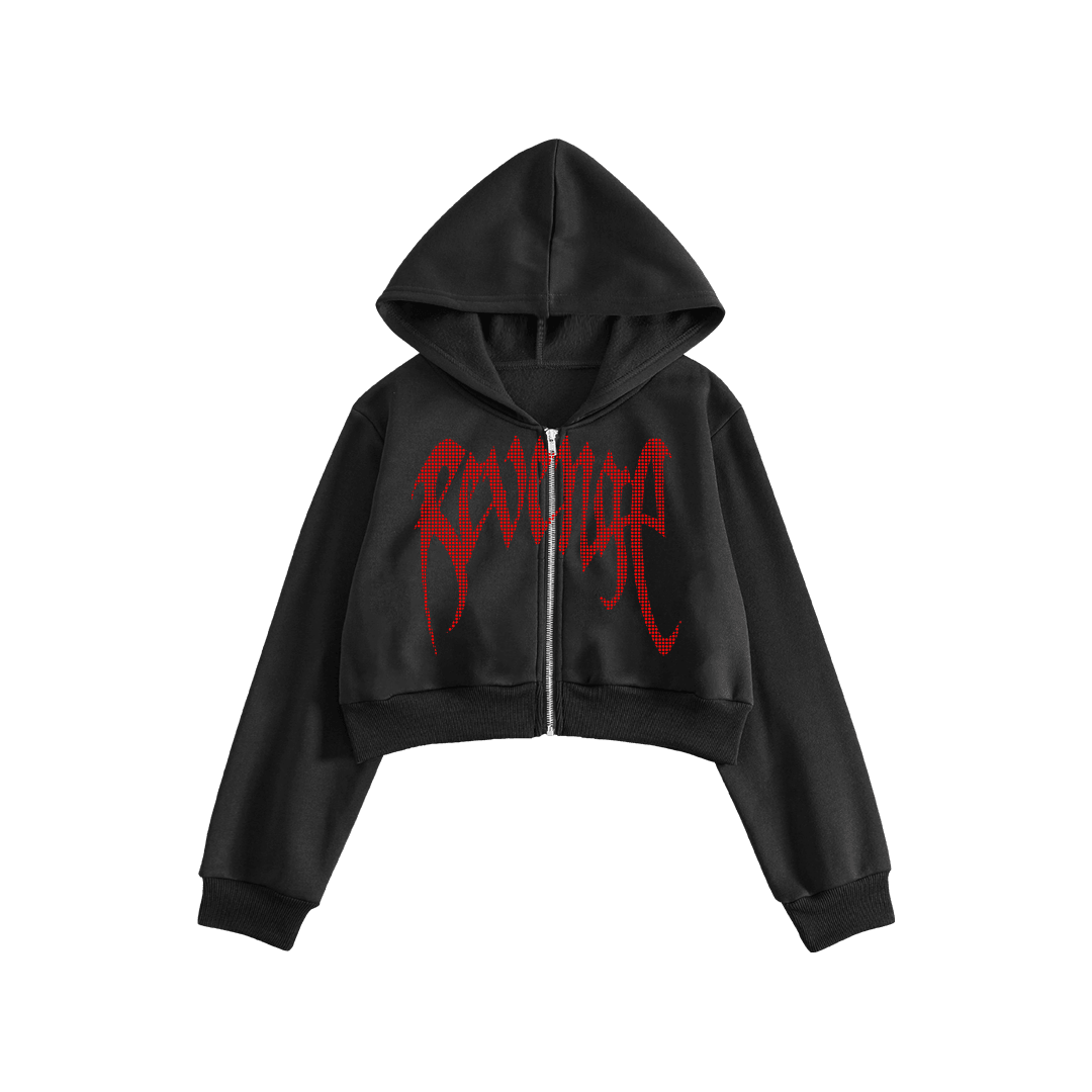 Rhinestone "Revenge" Crop Hoodie | Black Red