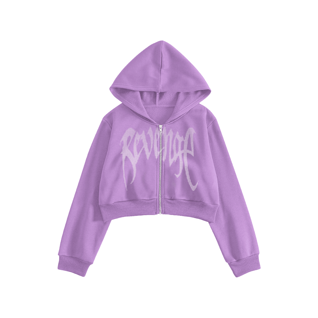 Rhinestone "Revenge" Crop Hoodie | Purple